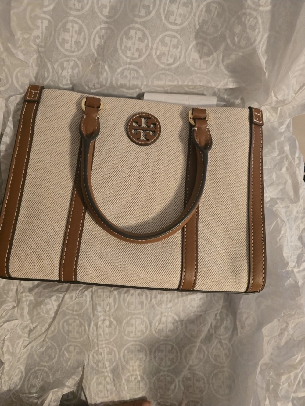 Tory Burch Blake Canvas Classic Cuoio Small Tote Natural & Tan Style 145356 New - Picture 3 of 11